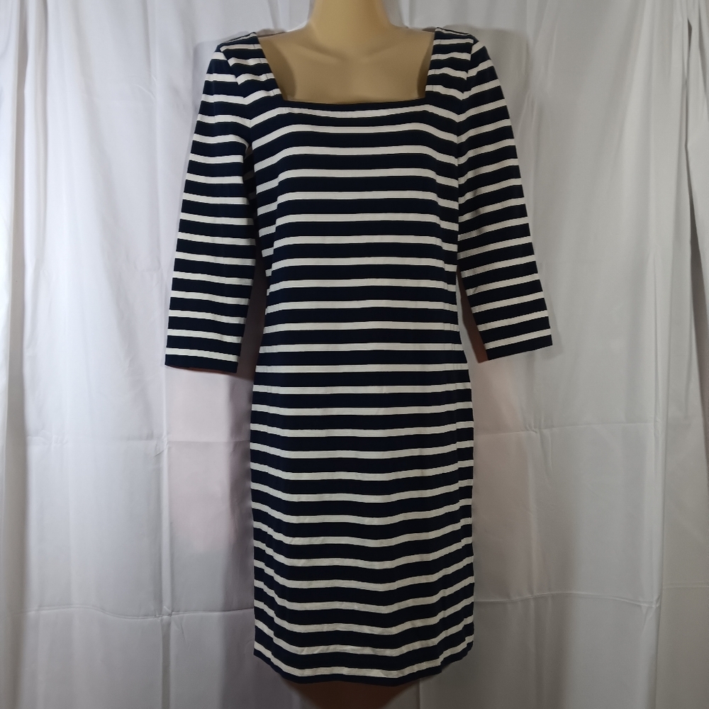 J Crew Womens 4 Dress Navy Stripe Square Neck Knit Yoko Stripe Nautical Preppy